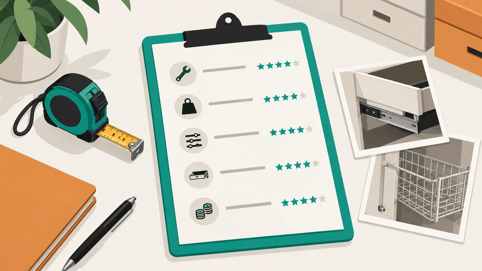 Evaluation criteria and tools for ranking pull-out pantry organizers including measurements and hardware samples