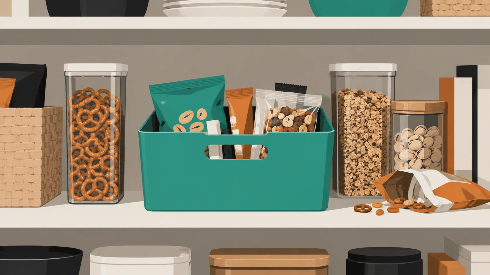 Well-organized snack pantry shelf with labeled storage bins