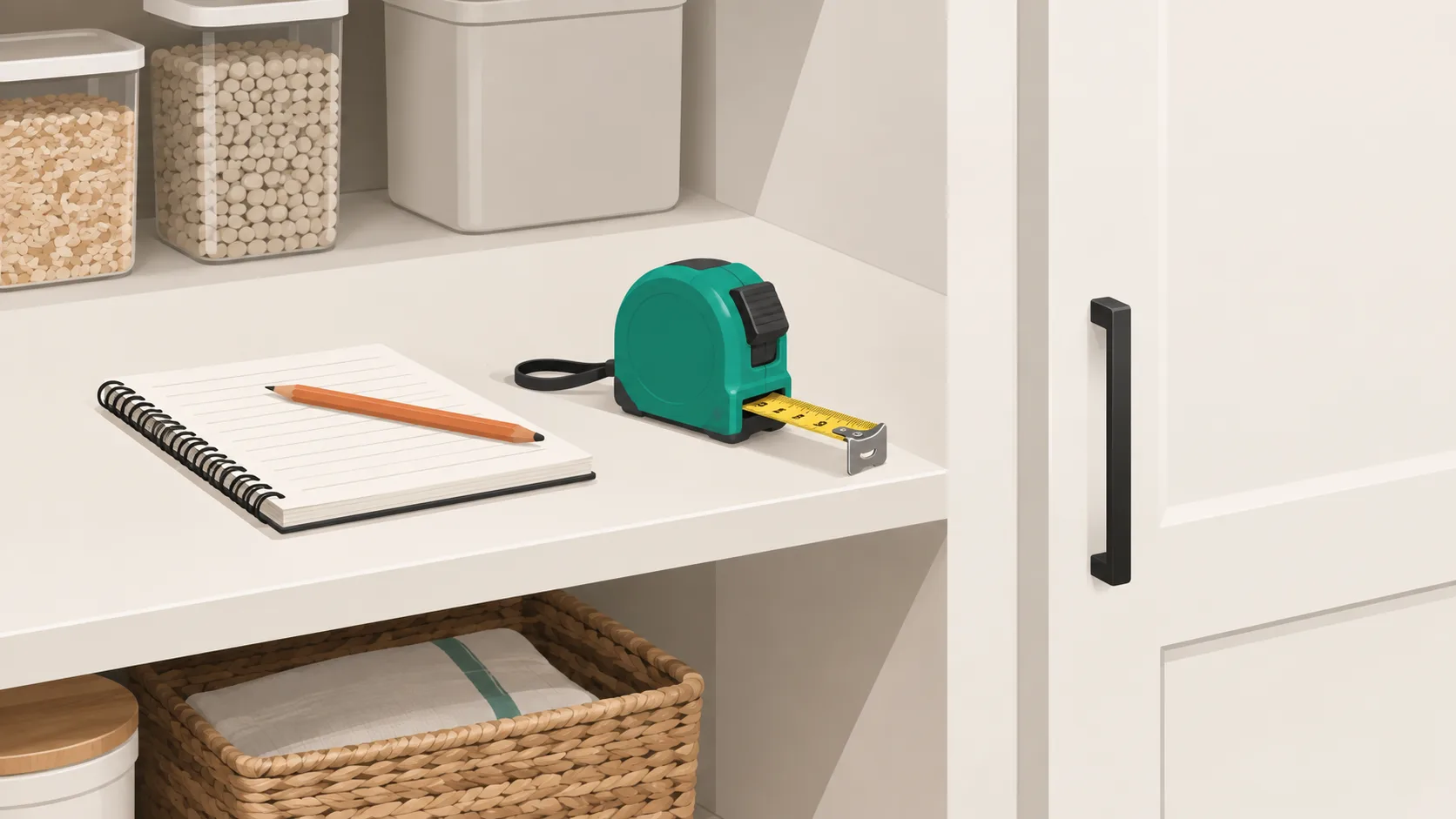 Tape measure and notebook on a pantry shelf during organization planning