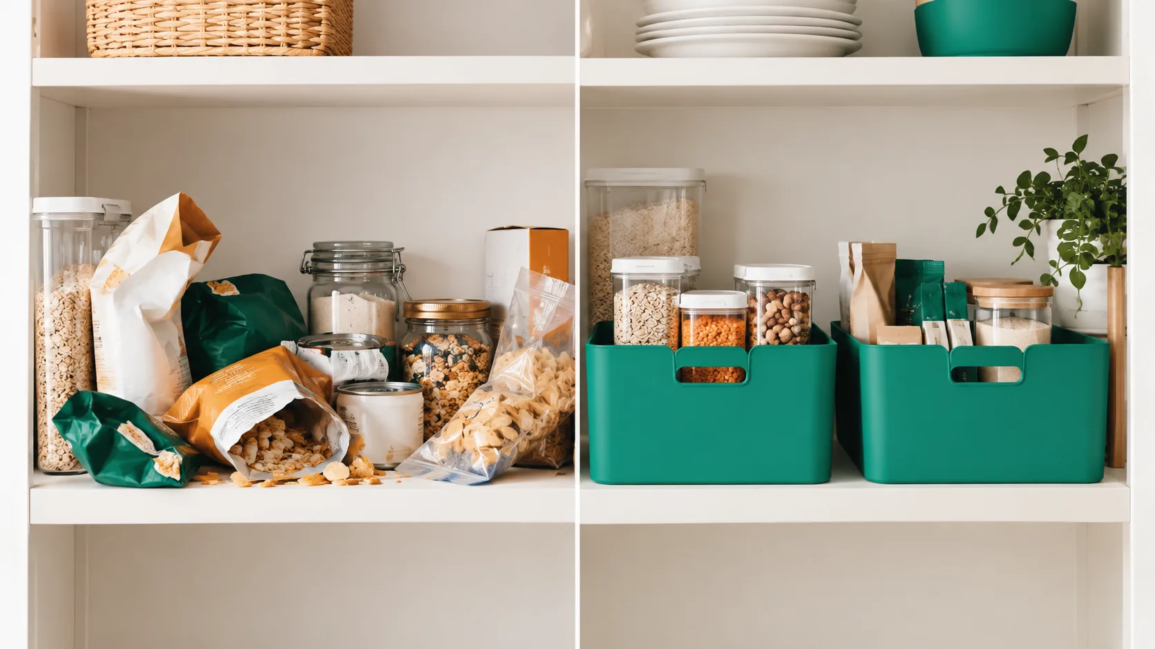 Pantry shelf showing poorly maintained versus well-organized snack bins