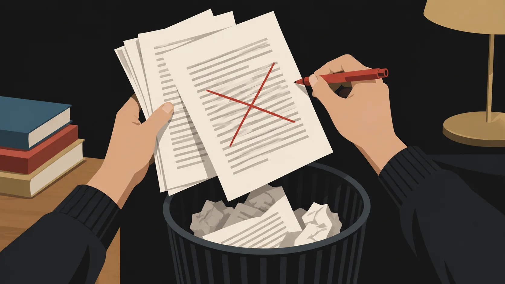 Novelist holding manuscript pages and removing a scene during revision