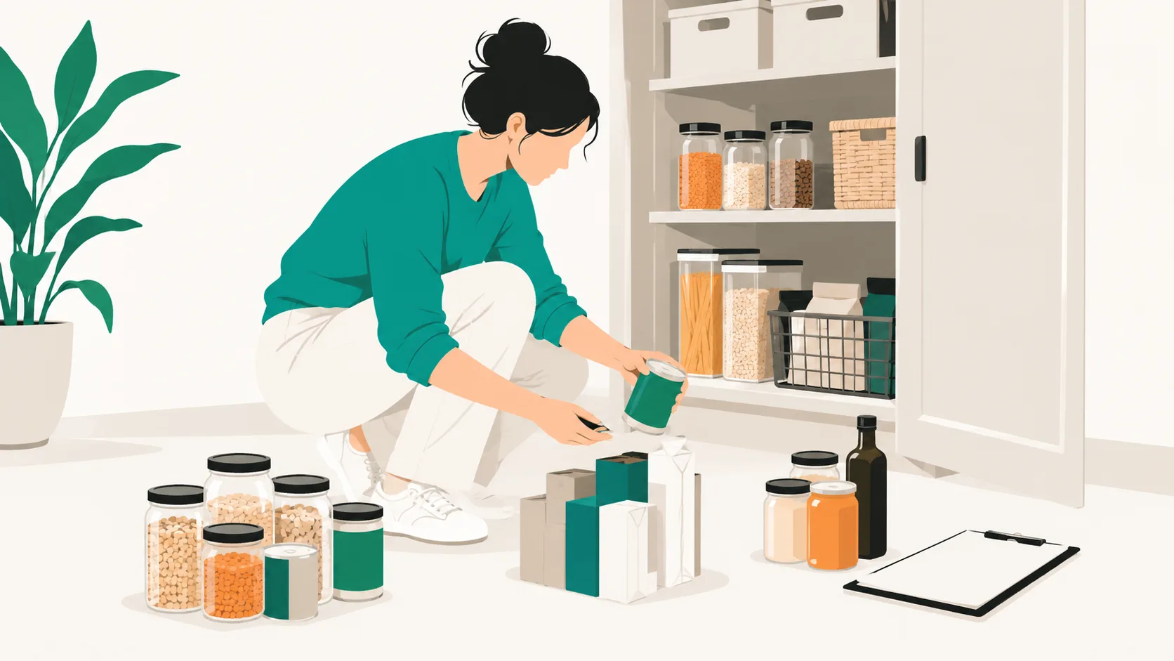 A person organizing pantry items by category during the purge and zone phase of pantry reorganization
