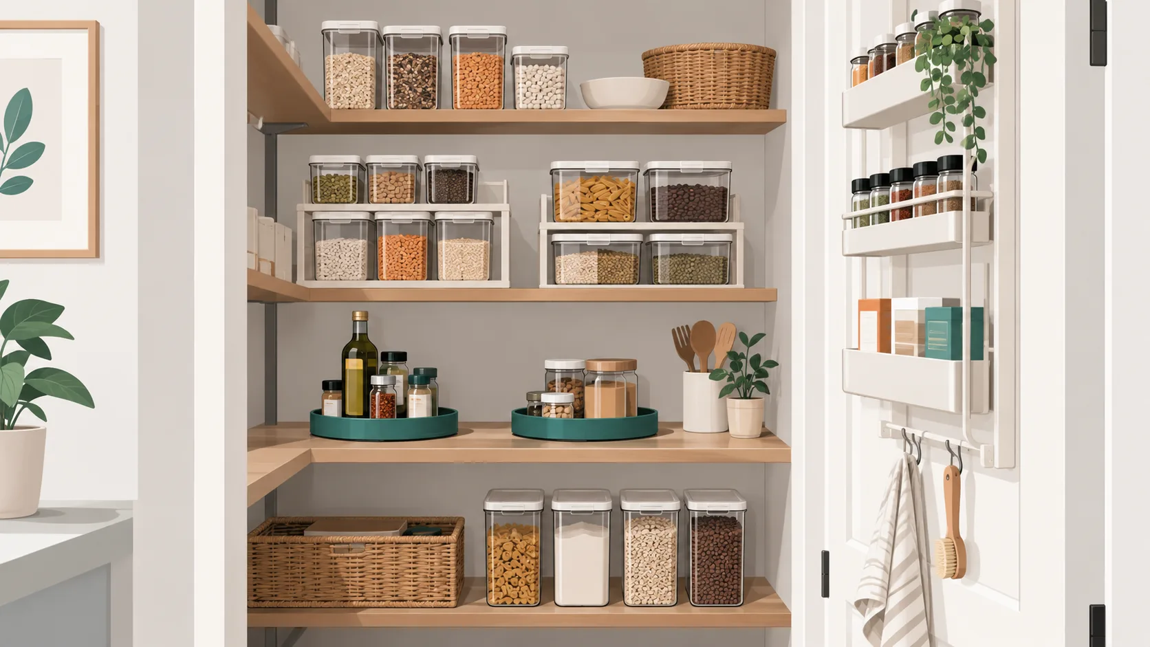 A compact walk-in pantry using vertical risers, turntables on deep shelves, and over-door storage to maximize limited space
