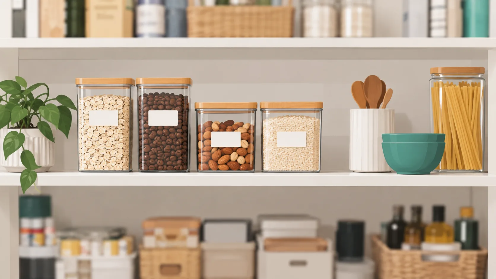 Pantry shelf with clear labeled bins demonstrating organization progress