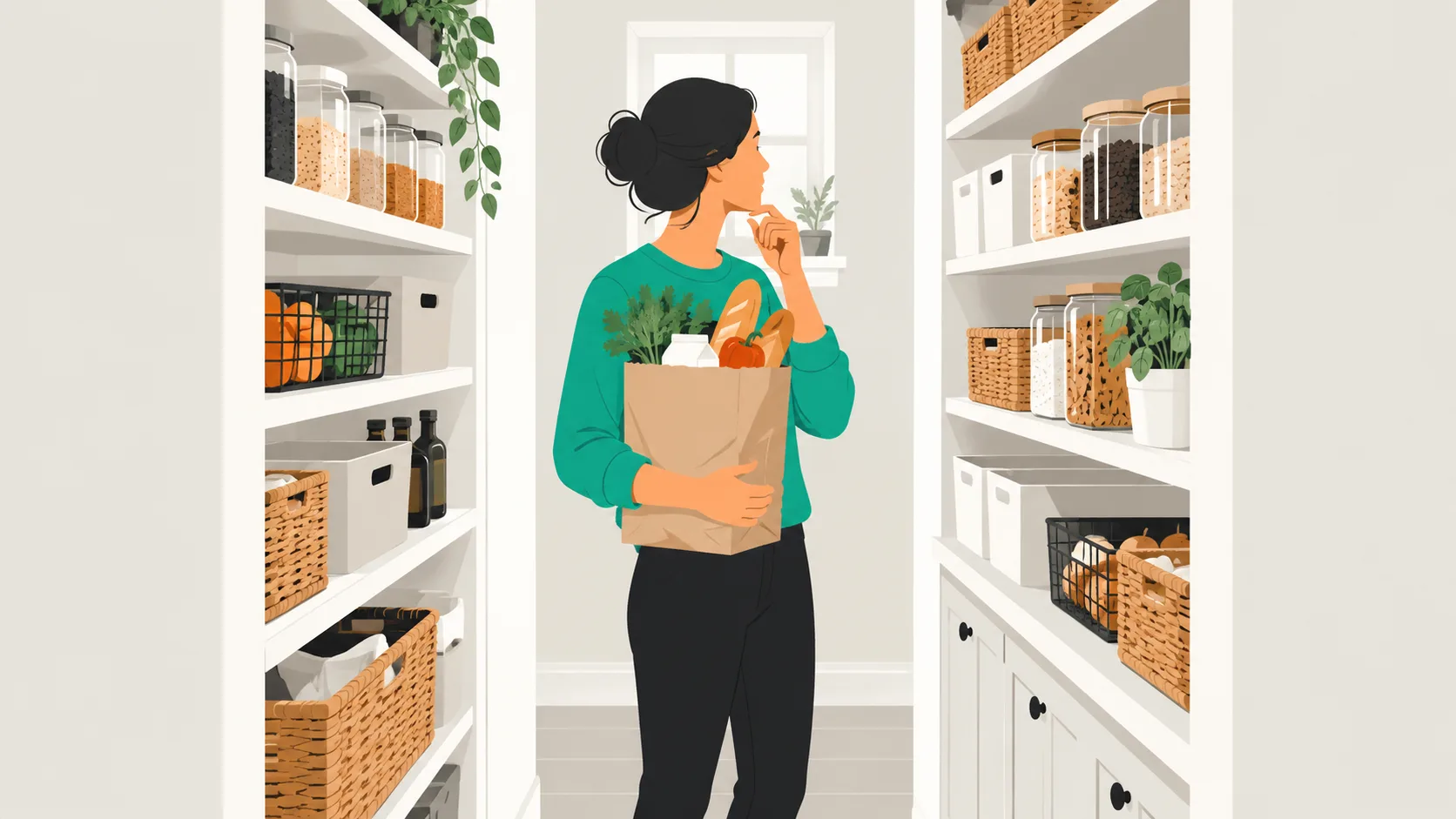 Person with grocery bag looking at organized butler's pantry shelves with bins and baskets