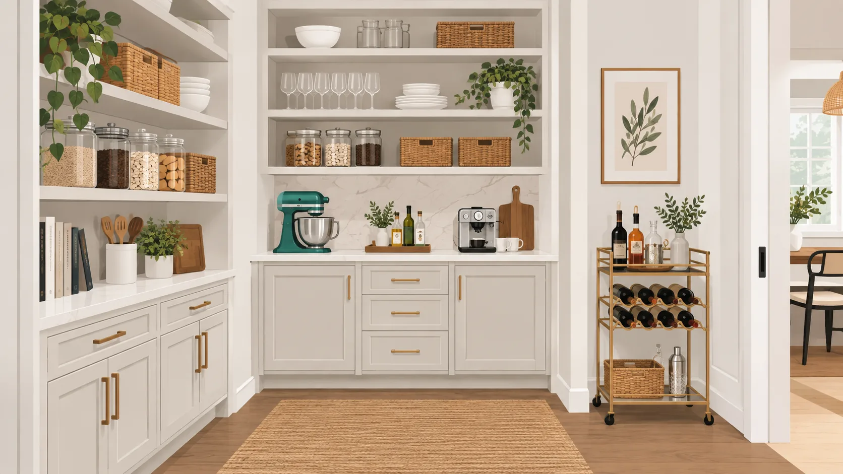 Butler's pantry with labeled glass jars, woven baskets, and wine cart organized by zone