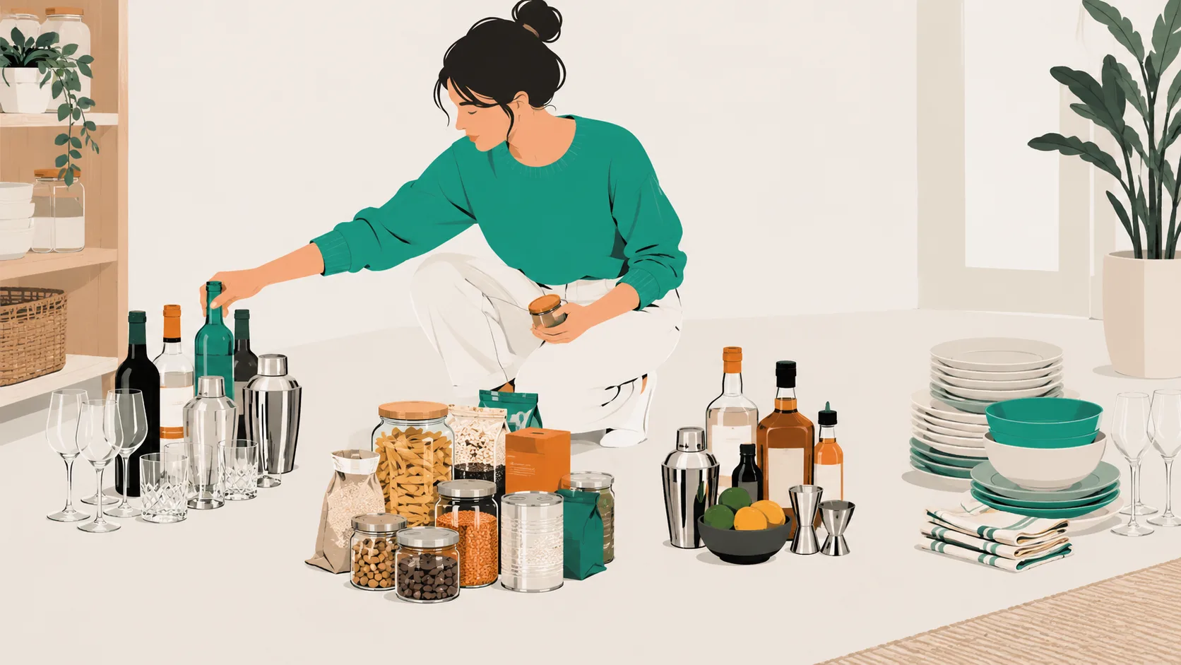 Person sorting butler's pantry contents into piles for appliances, groceries, bar supplies, and dishes