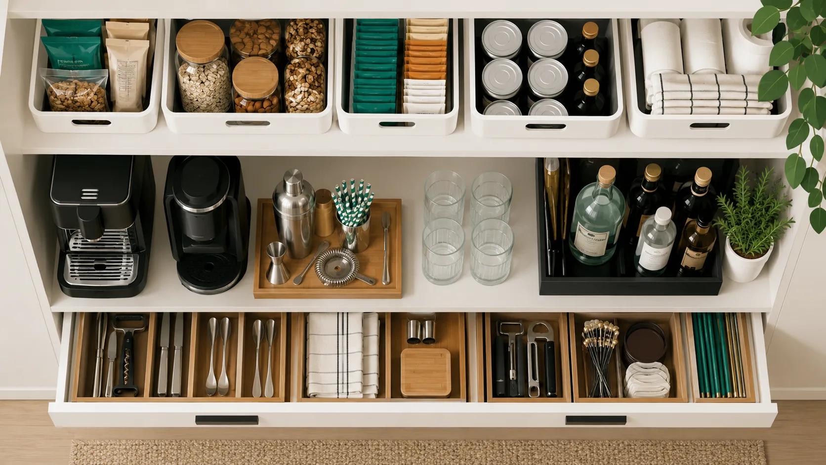 Overhead view of butler's pantry shelf with labeled bins, drawer dividers, and appliances