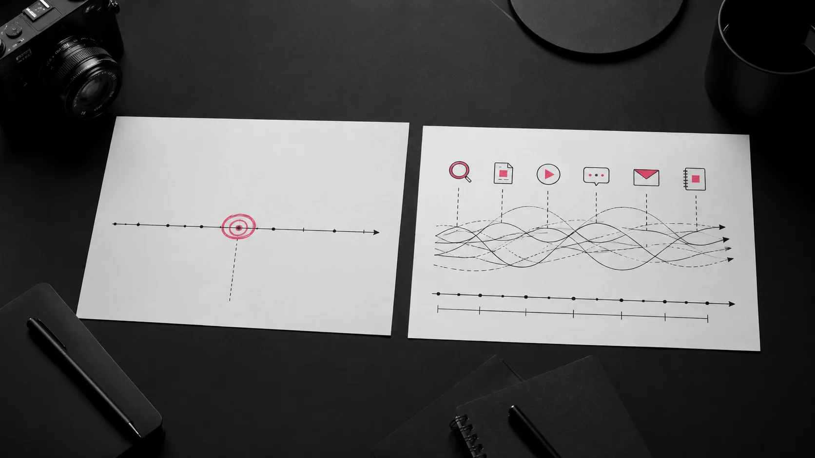 Comparison of linear traditional SEO sales funnel versus multi-touch SaaS research journey across multiple content types