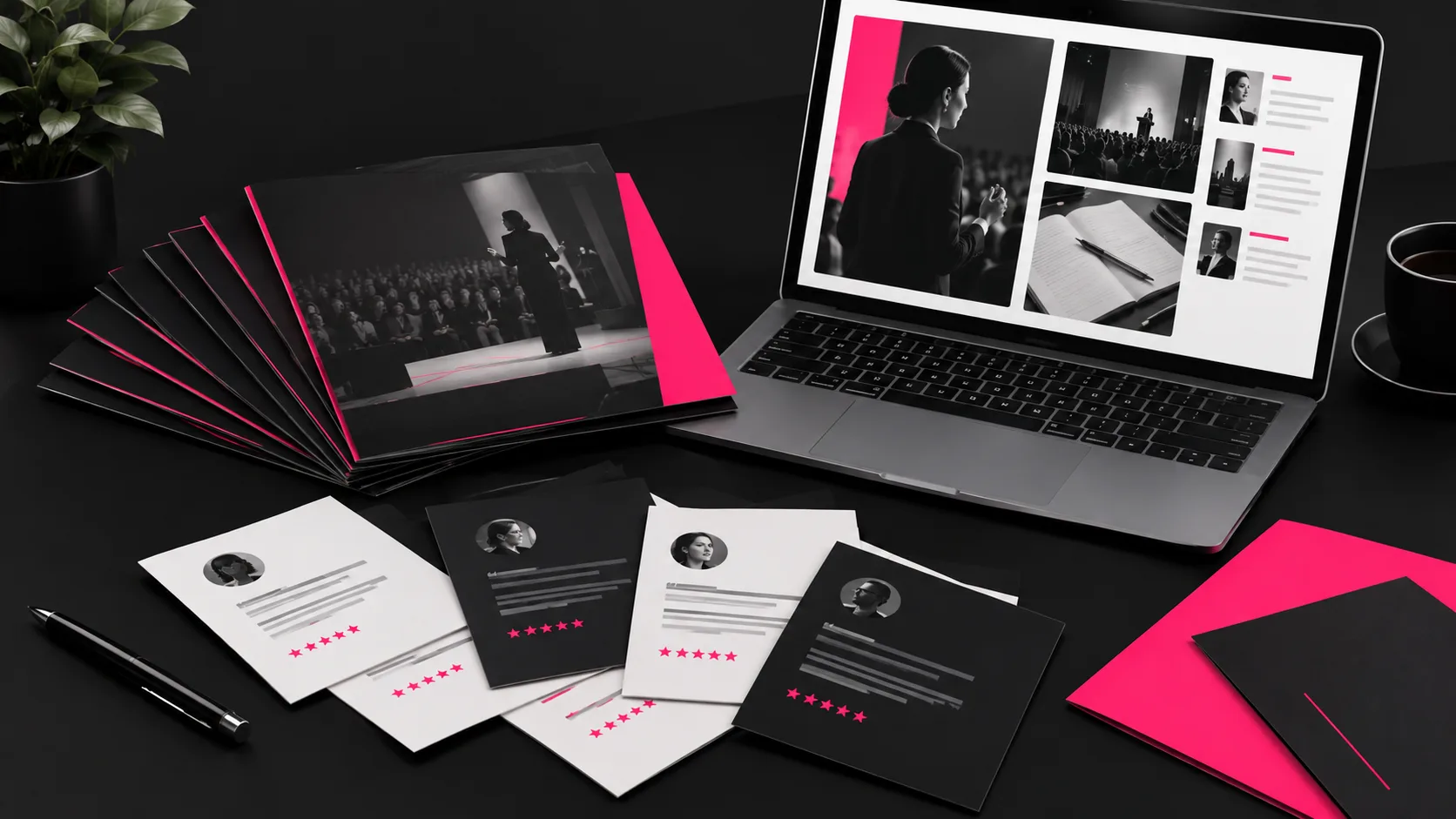 Speaker credentials including published articles, event appearances, and testimonials