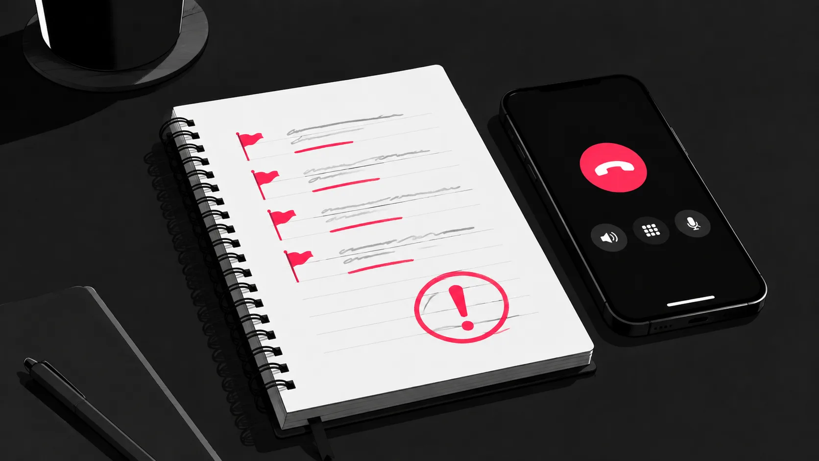 A notepad with red flags and caution notes next to a phone, representing active listening during agency discovery calls