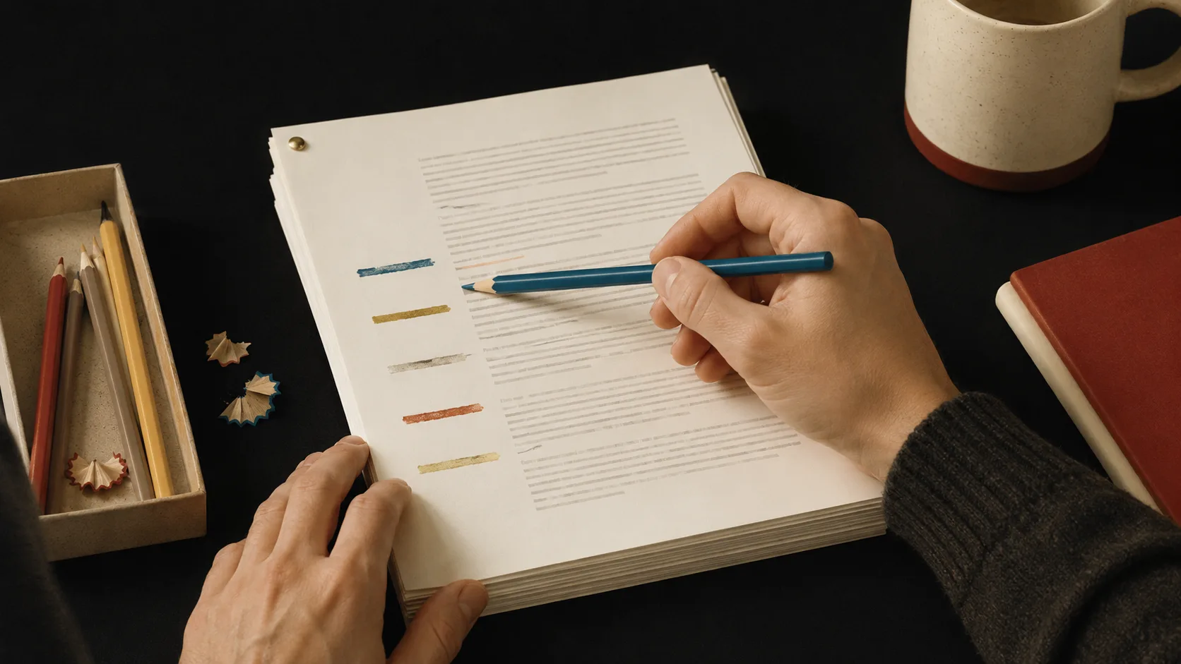 A manuscript being annotated with narrative stages, showing the five-stage arc structure in practice