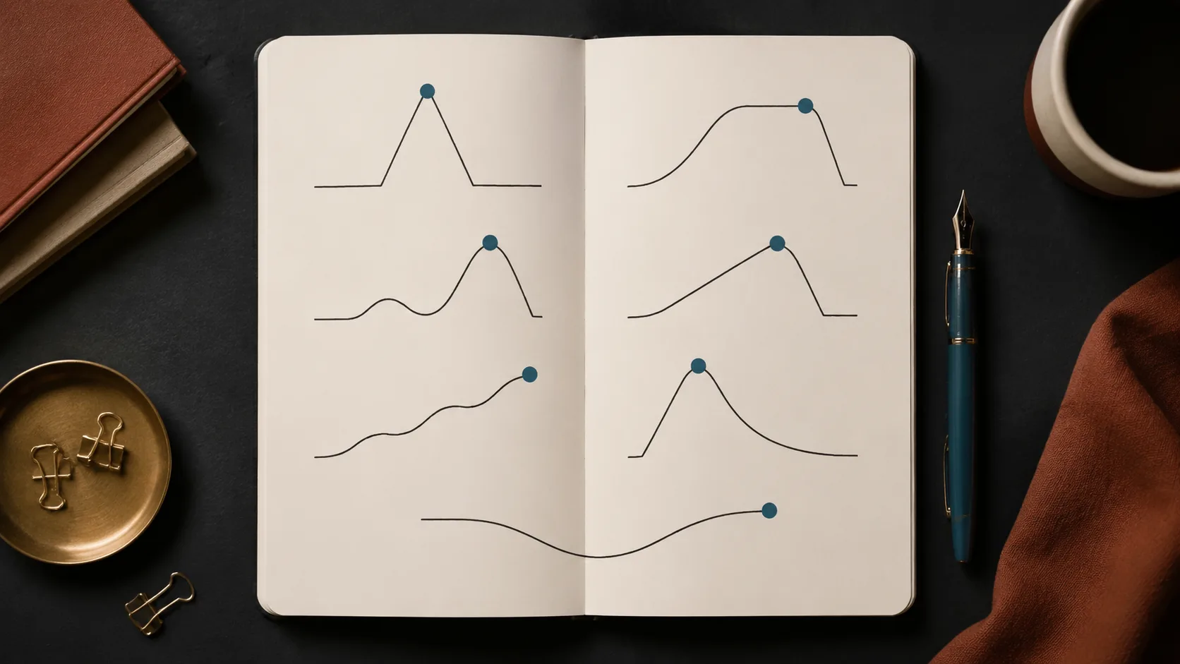 Notebook page showing seven different narrative arc patterns, each representing a story structure