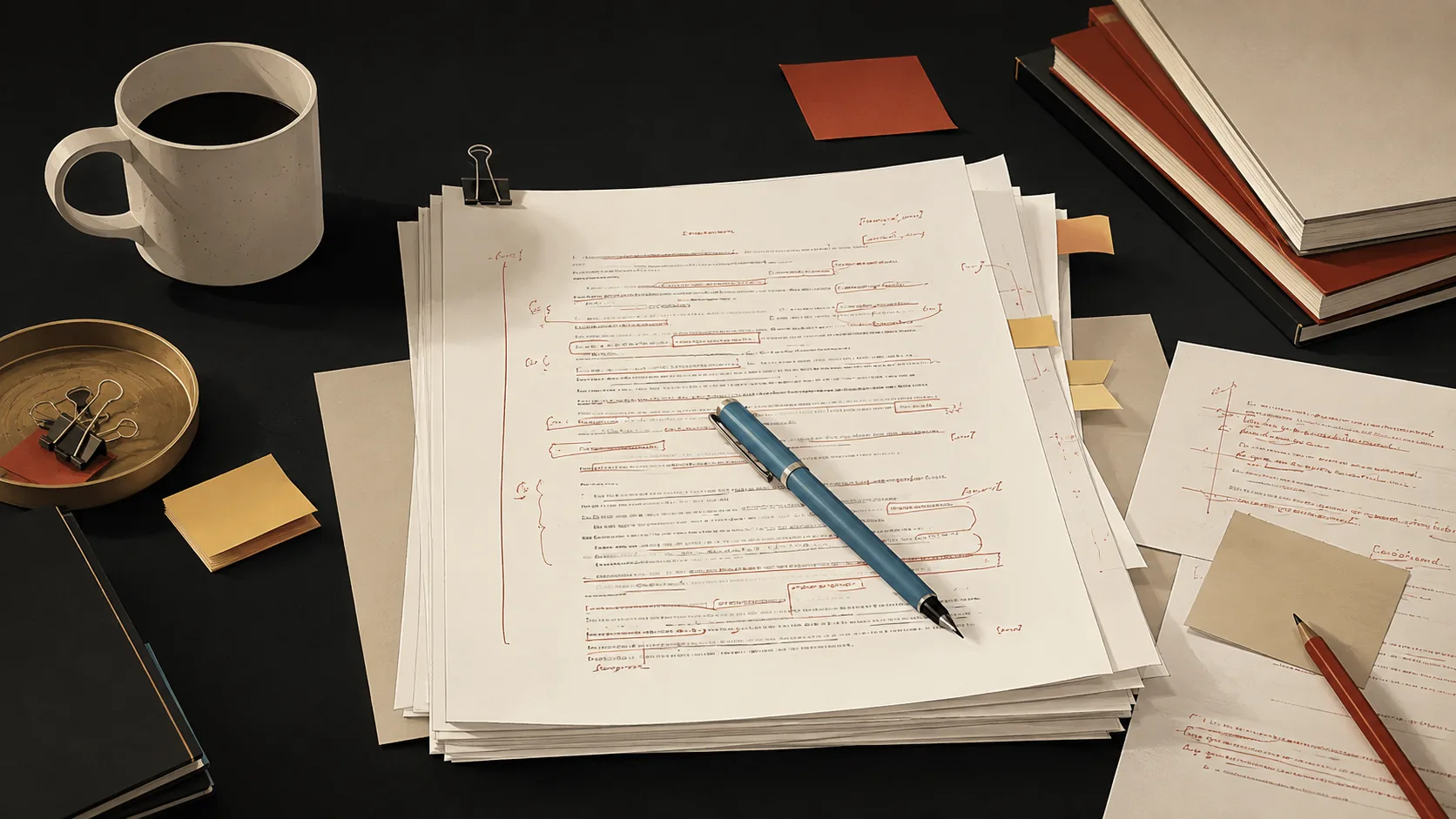 Multiple draft pages with handwritten revisions, demonstrating how writers apply Booker's framework to fix story structure