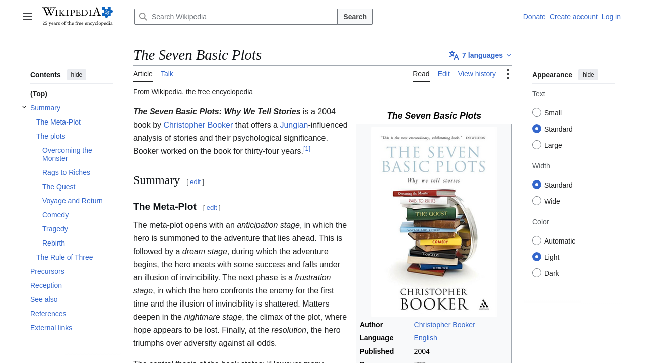 Wikipedia page on The Seven Basic Plots showing Booker's narrative framework and categories