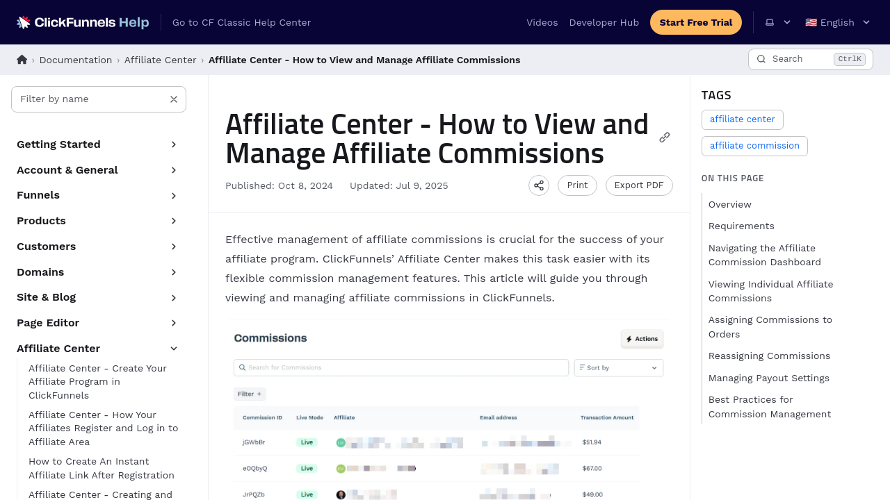 ClickFunnels affiliate center interface displaying monthly commissions, active referrals, and payout history.