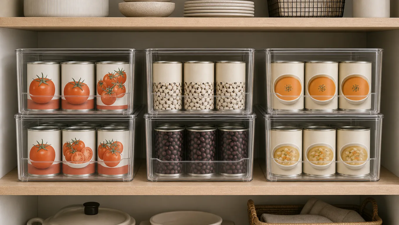 Clear storage bins on pantry shelf containing grouped canned goods, tomatoes, beans, and soups