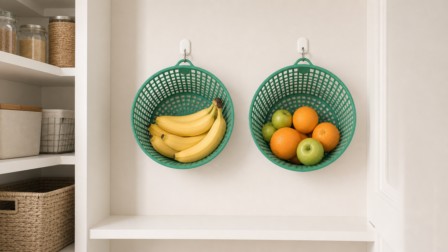 Round Dollar Tree baskets mounted on pantry wall using cup hooks, holding fresh fruit like bananas away from shelf clutter.
