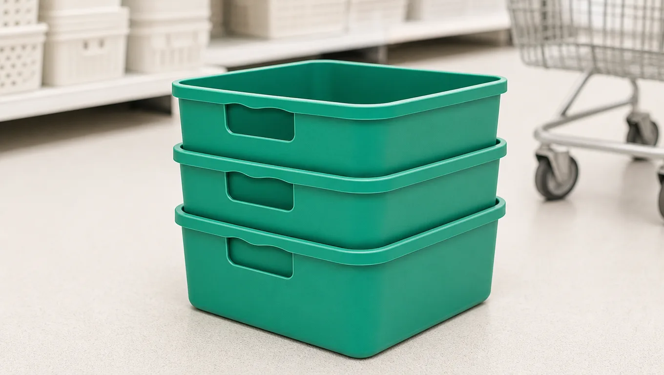 Three stacked clear storage bins with consistent sizing and nesting alignment for pantry organization