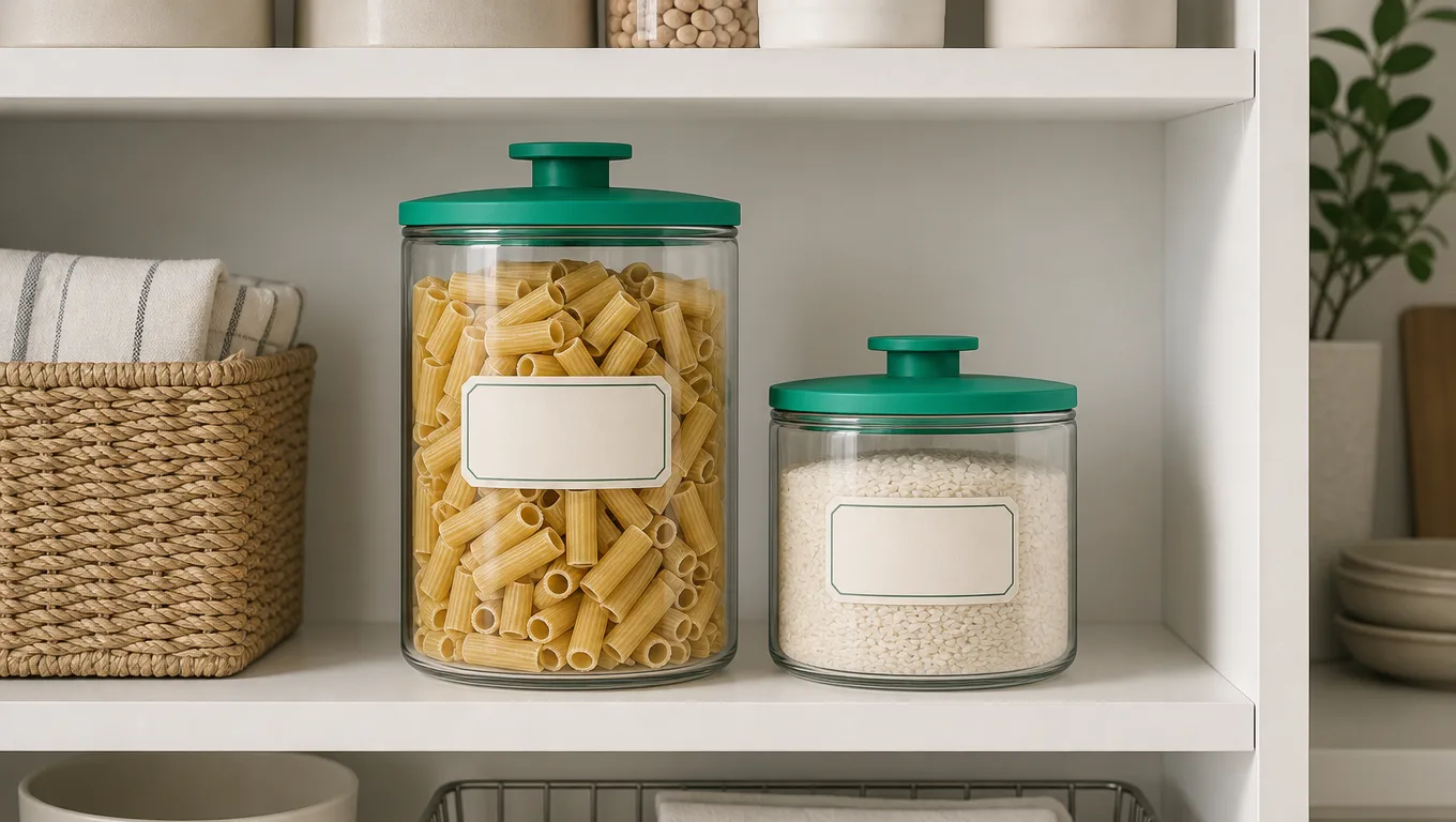 Dollar Tree glass canisters in two sizes filled with dry pasta and rice, demonstrating proper pantry container organization.