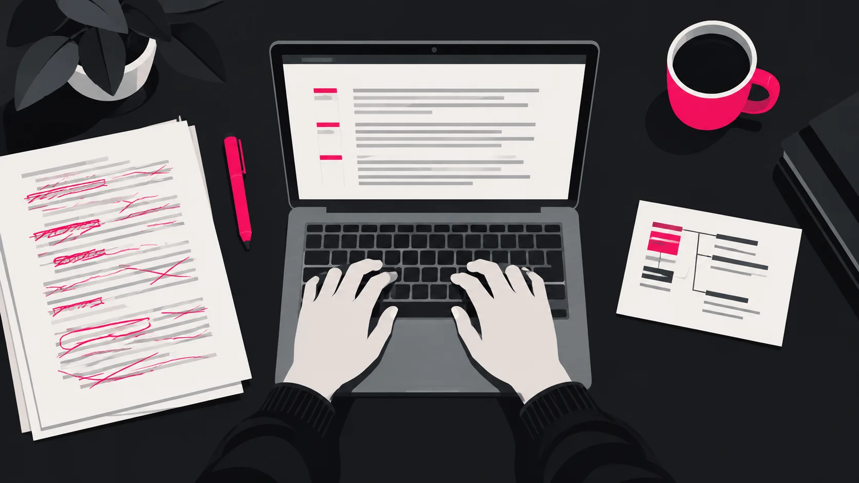 Writer revising content at a desk, showing improvement toward clarity and extractability