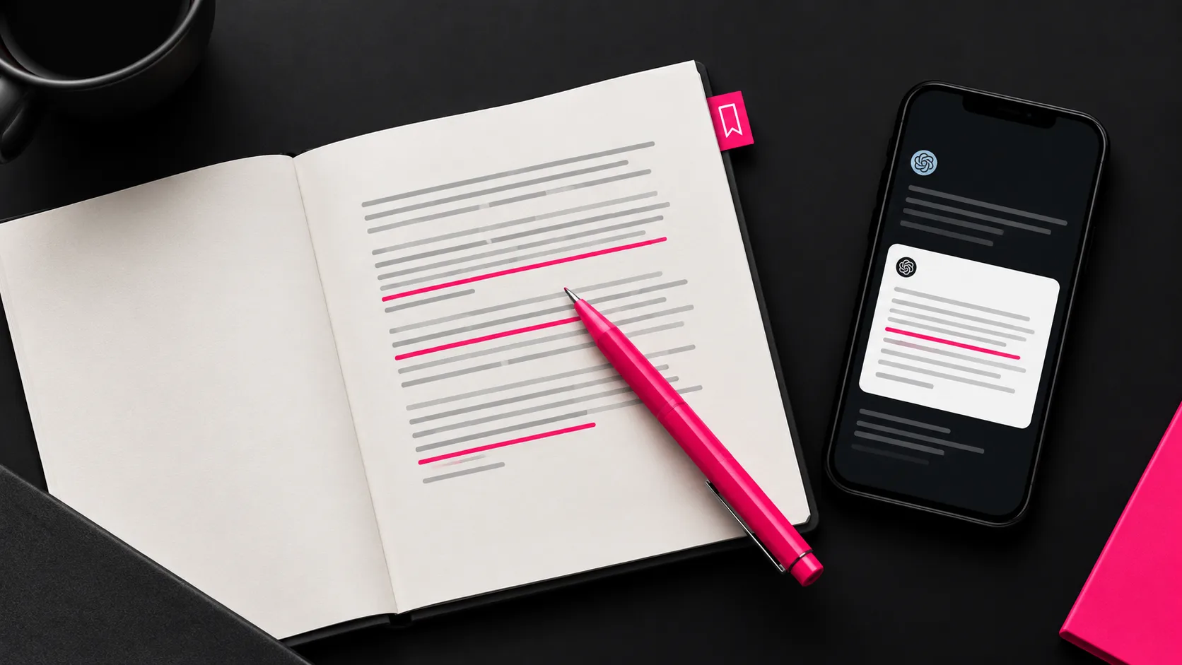 Open notebook with structured text being cited by an AI answer engine on a smartphone screen