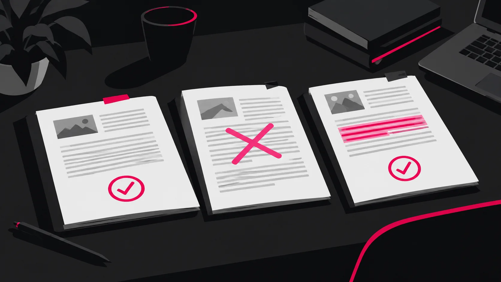 Printed documents marked to show which content is extractable versus skipped by language models