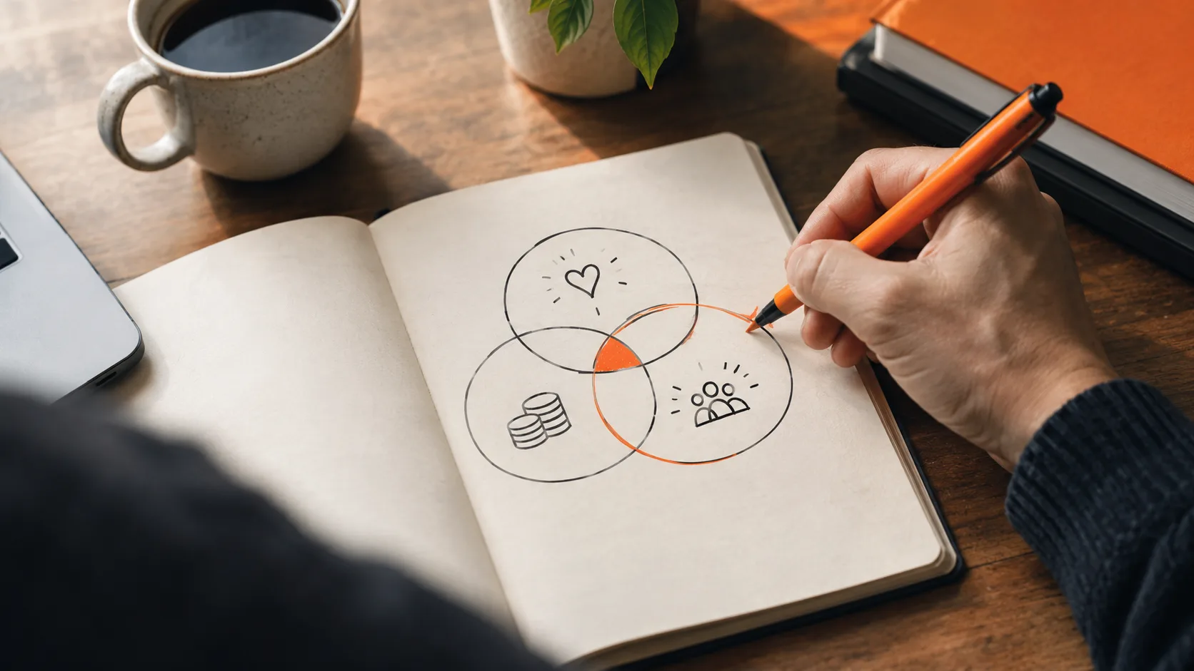 A notebook page showing how to evaluate niche ideas at the intersection of passion, commissions, and audience demand.