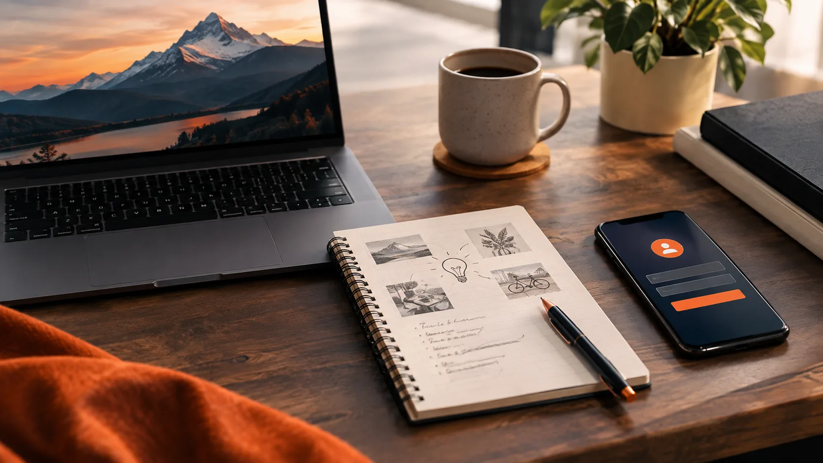 Laptop, notepad with niche ideas, and phone showing affiliate program signup
