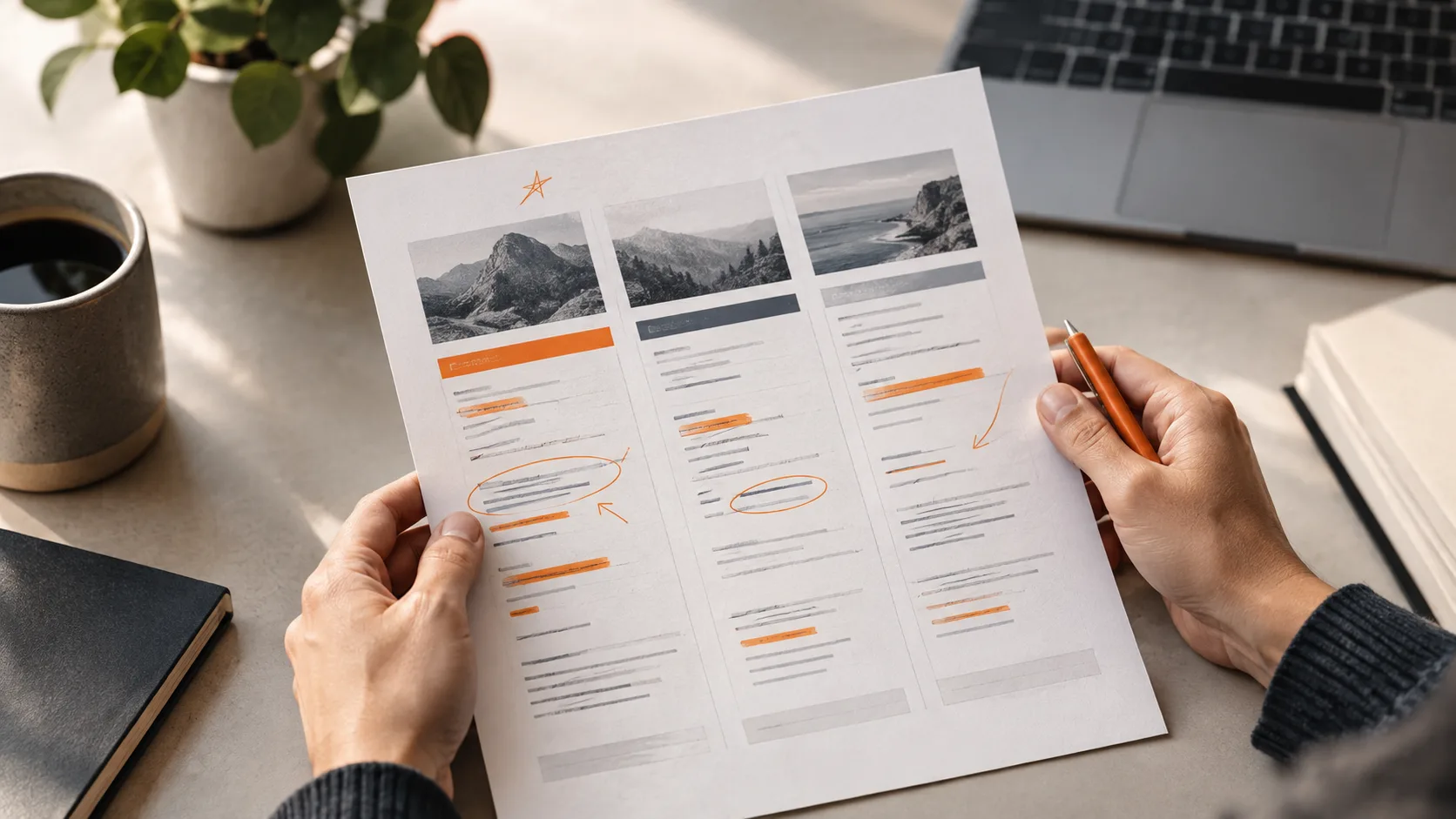 A beginner compares affiliate program details and commission rates on printed reference materials before making a selection