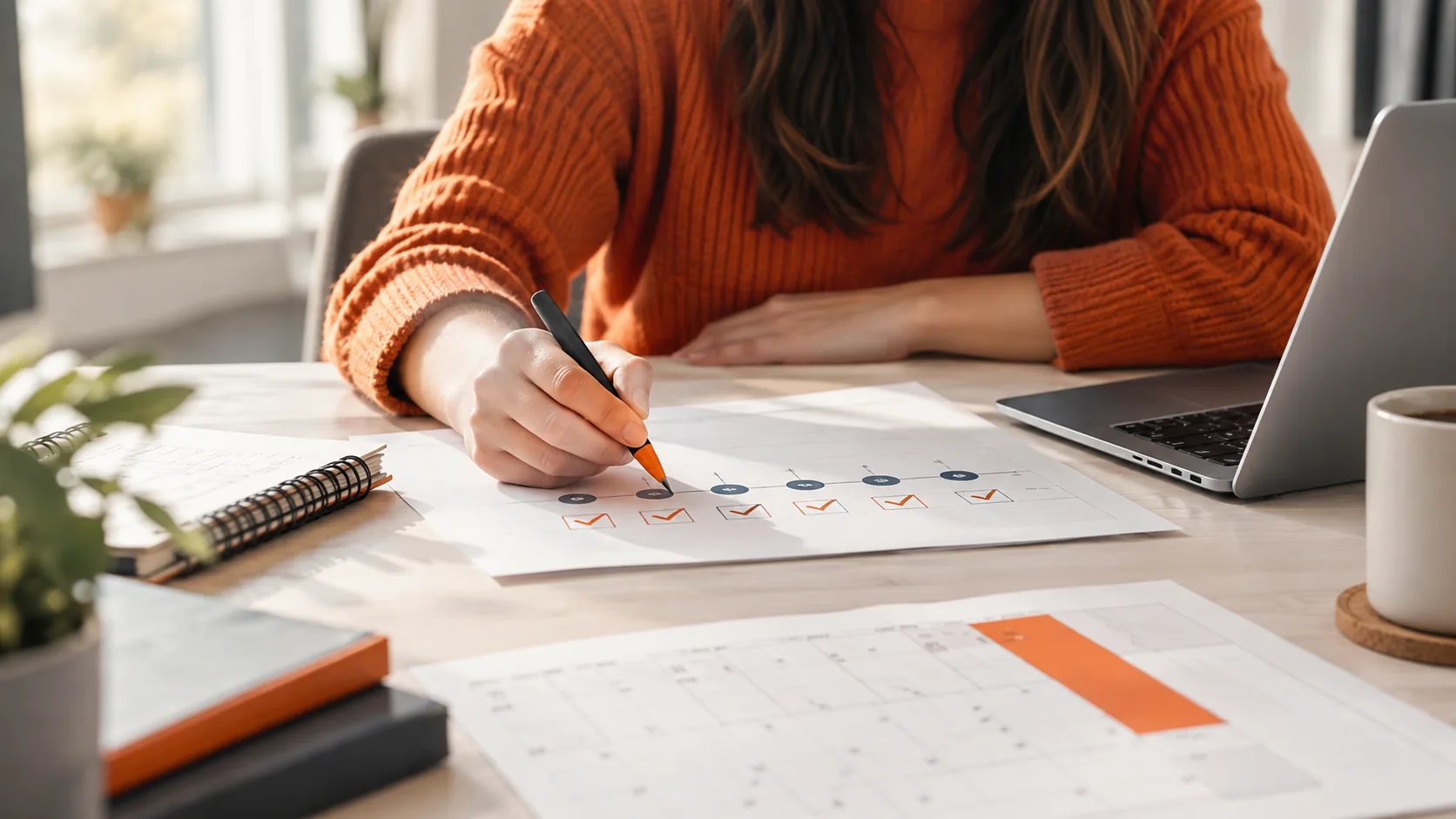 An affiliate marketer tracks their progress through the launch steps with a printed roadmap and calendar on their desk