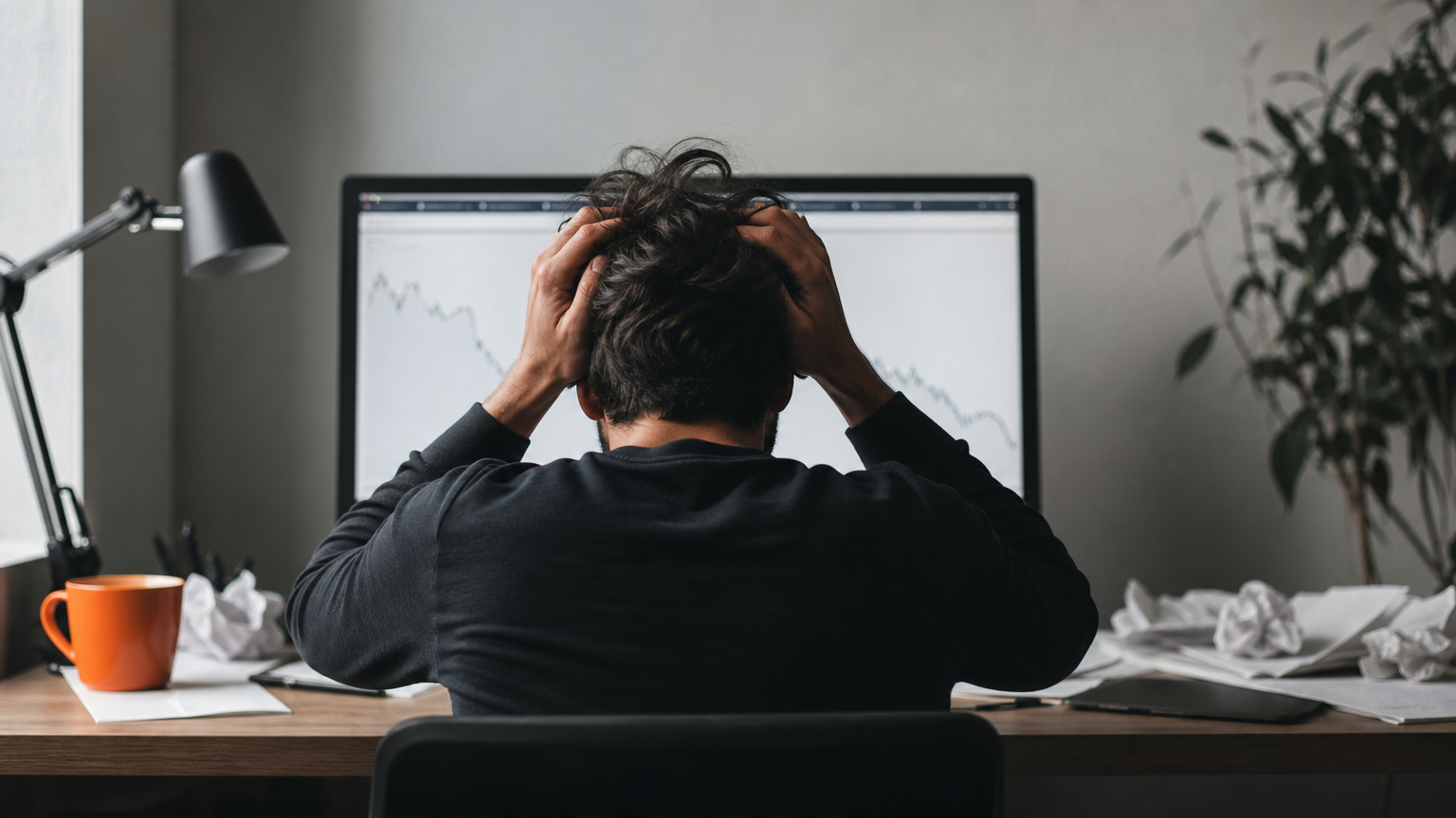 A beginner affiliate marketer facing common pitfalls like scattered focus and unstable traffic sources