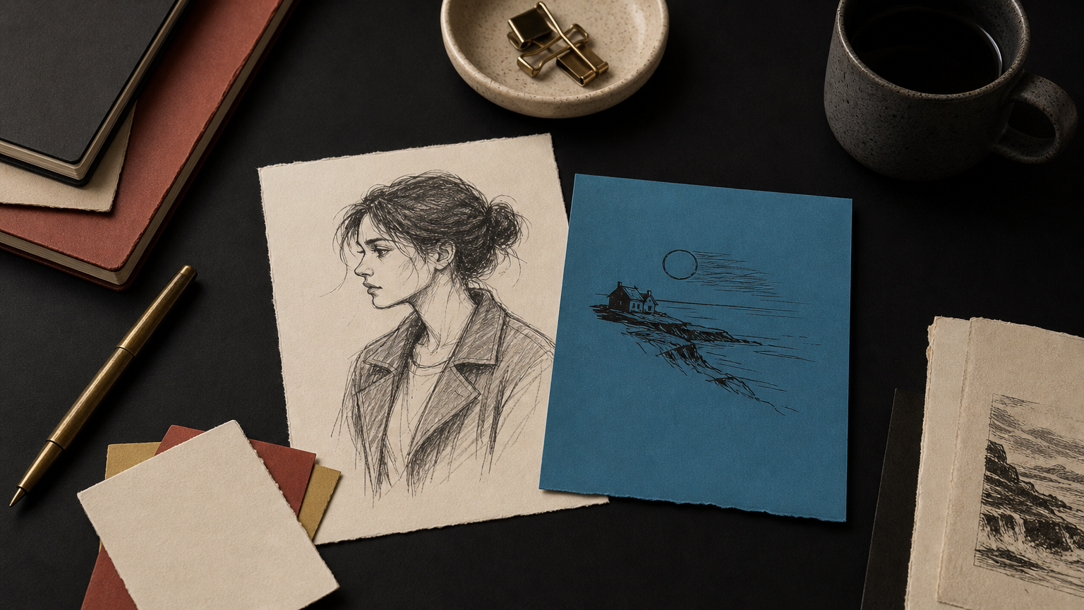Planning materials for a novel laid out on a desk, including character notes, premise card, and genre research