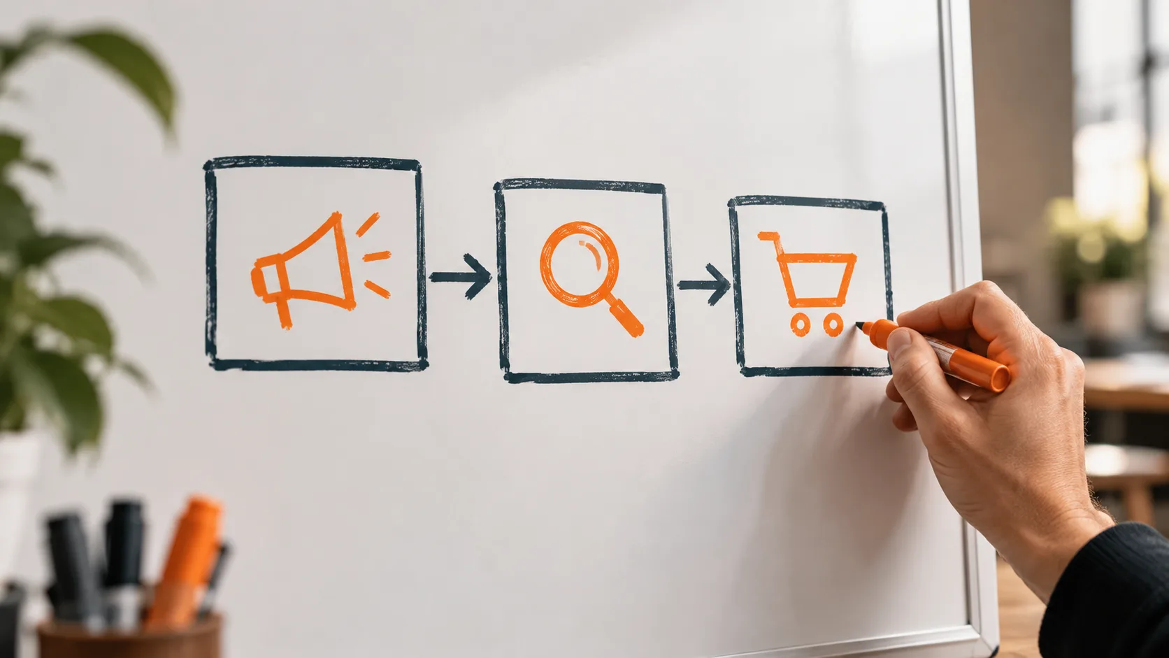 Three-stage funnel sketched on a whiteboard showing awareness, research, and conversion stages