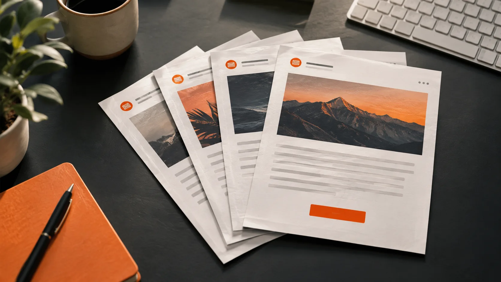 Email sequence planning shown as printed drafts arranged on a workspace
