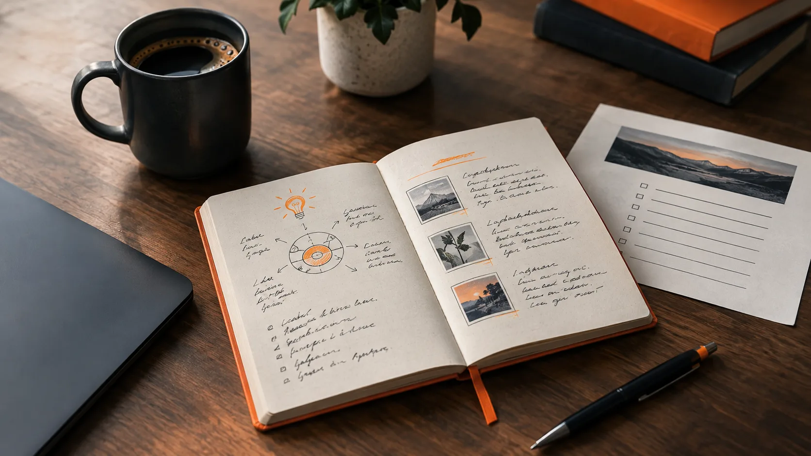 Workspace showing niche research and affiliate offer vetting materials on paper, with coffee and workspace setup.
