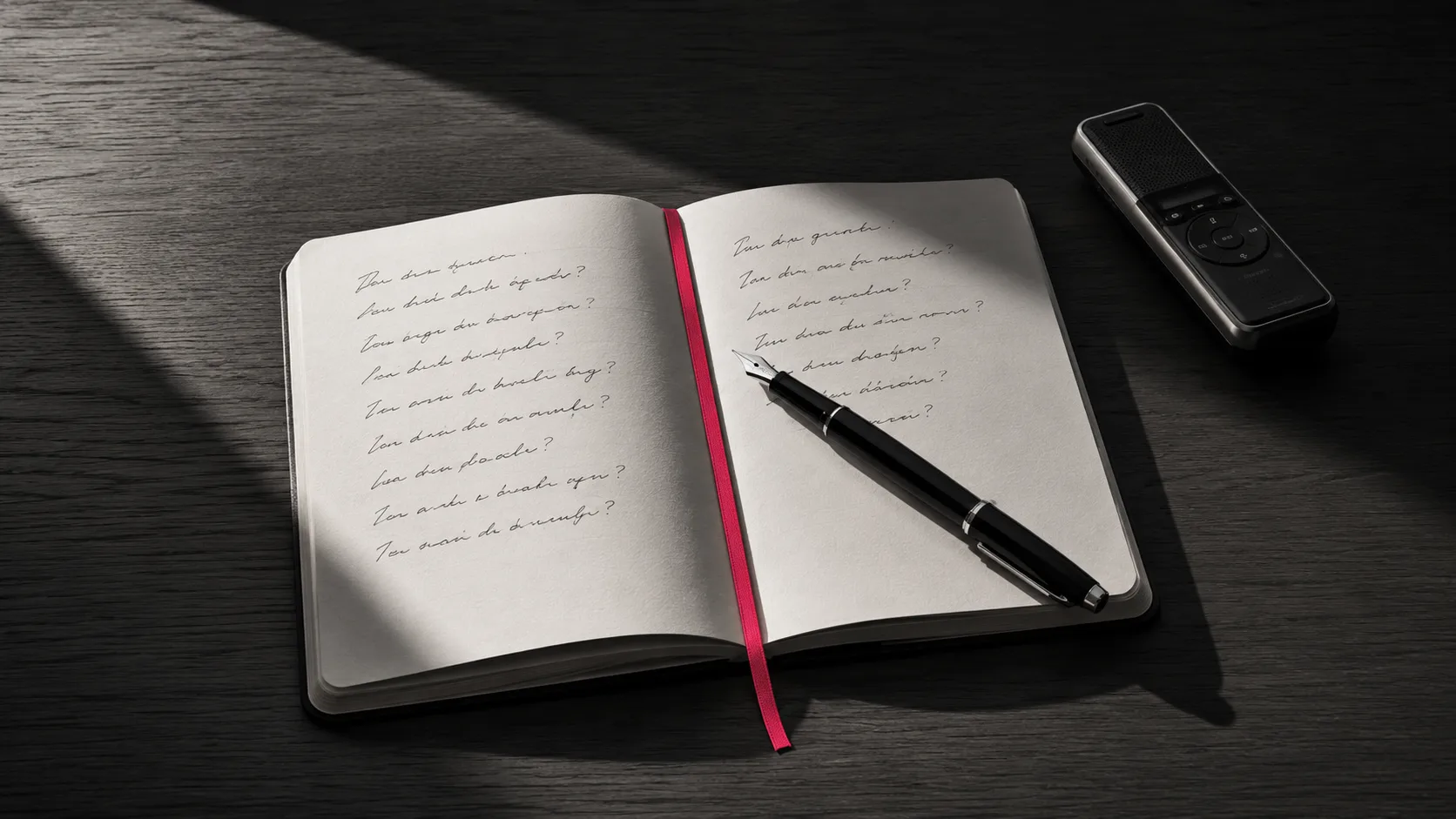 Handwritten interview questions in a notebook preparing for consultant evaluation call