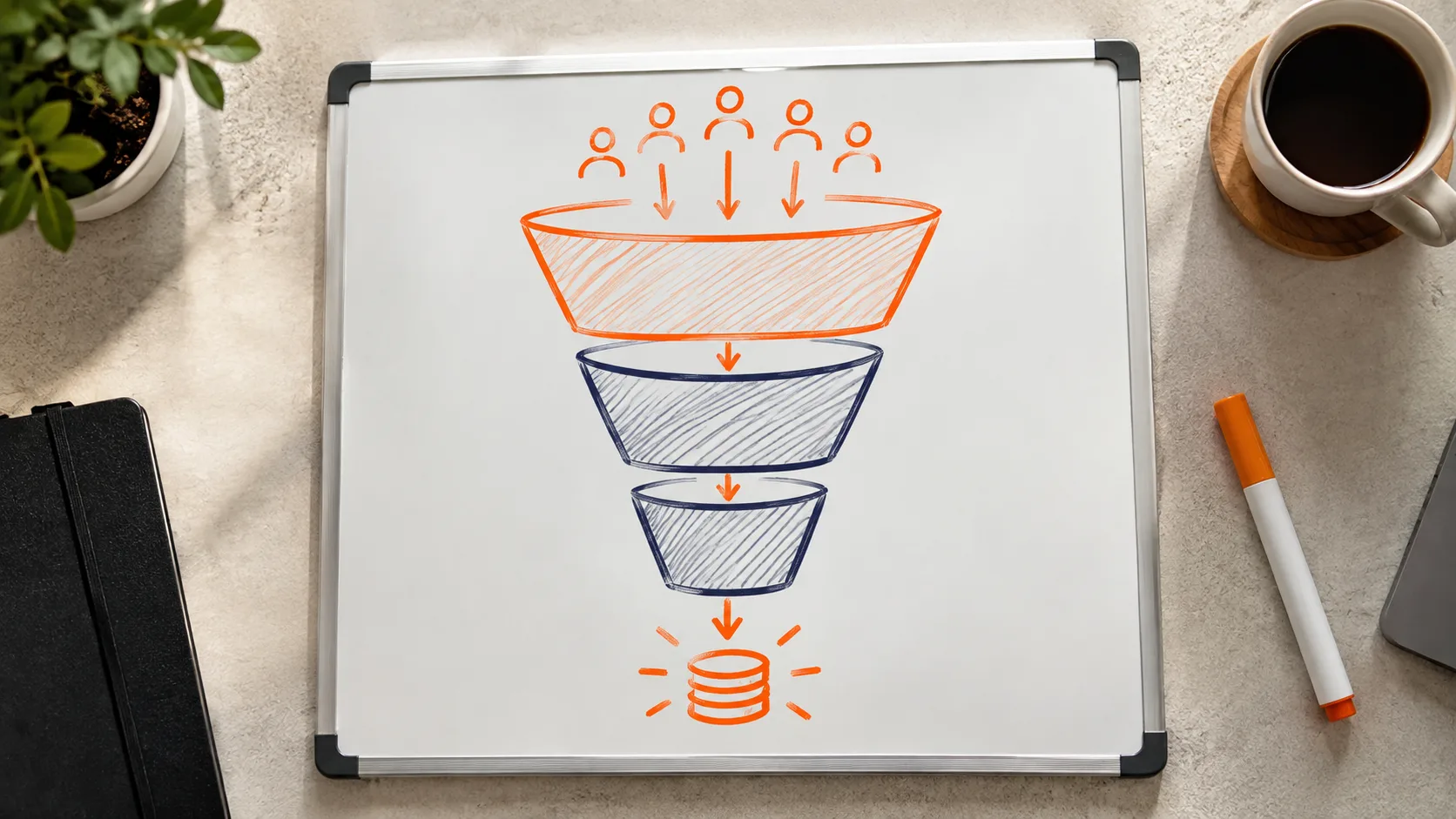 Three stages of an affiliate marketing funnel: awareness, consideration, and conversion illustrated on a whiteboard