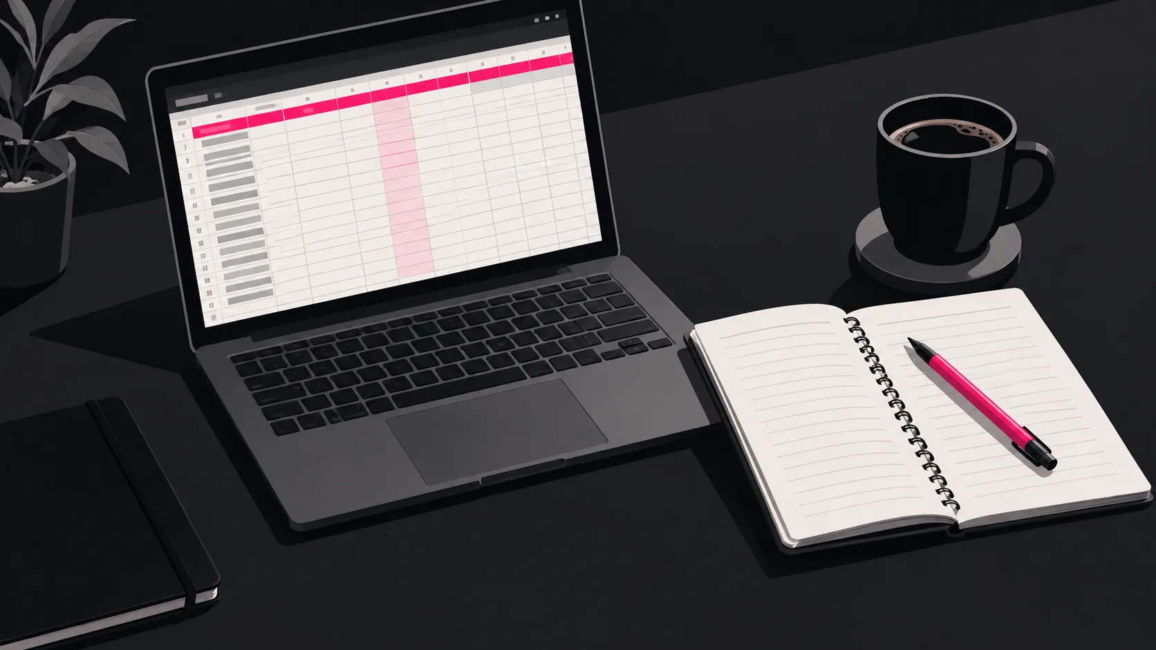 Desk workspace with open spreadsheet showing migration audit data, notebook, and pen