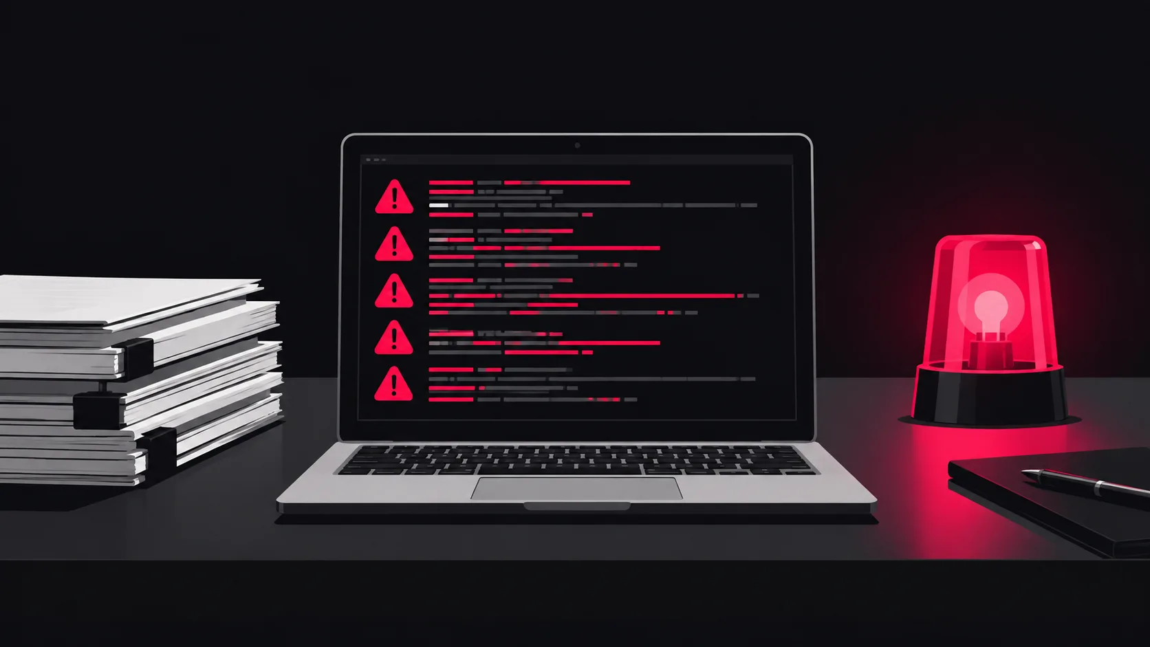 A laptop screen displaying crawl error warnings and failed redirect logs, with printed backup documentation beside it