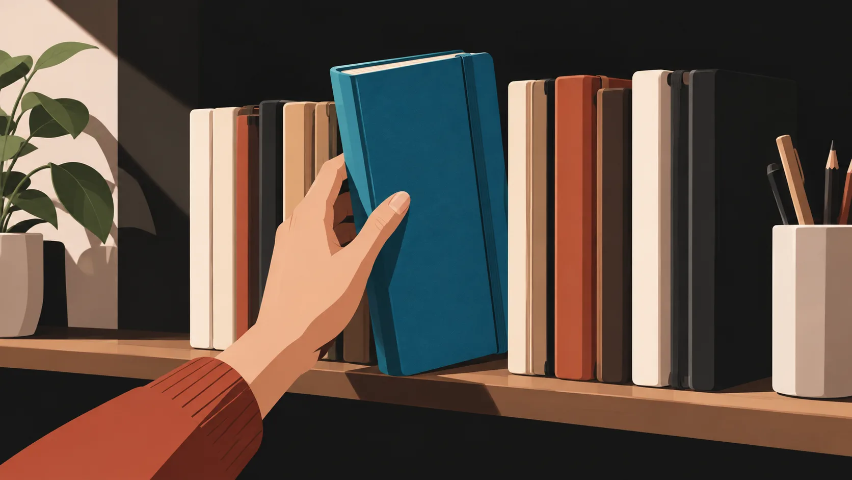 A writer's hand selecting a notebook from a collection, showing the importance of gathering materials before plotting.