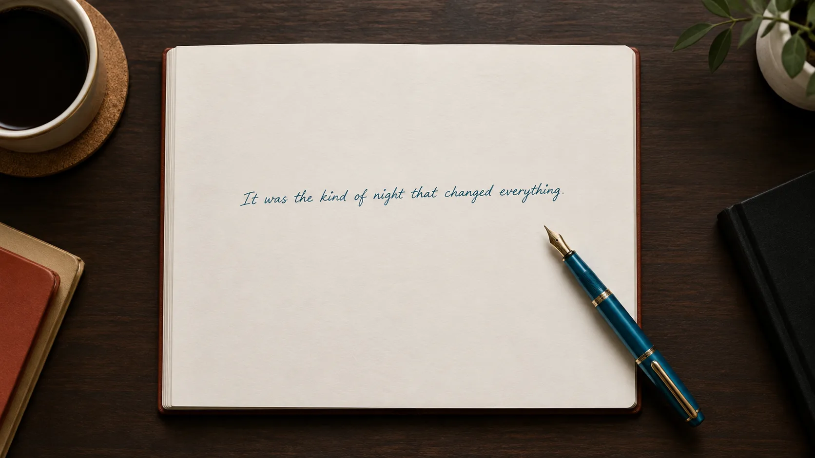 A single sentence written on a page, illustrating the core-defining moment of the Snowflake Method for novel plotting.