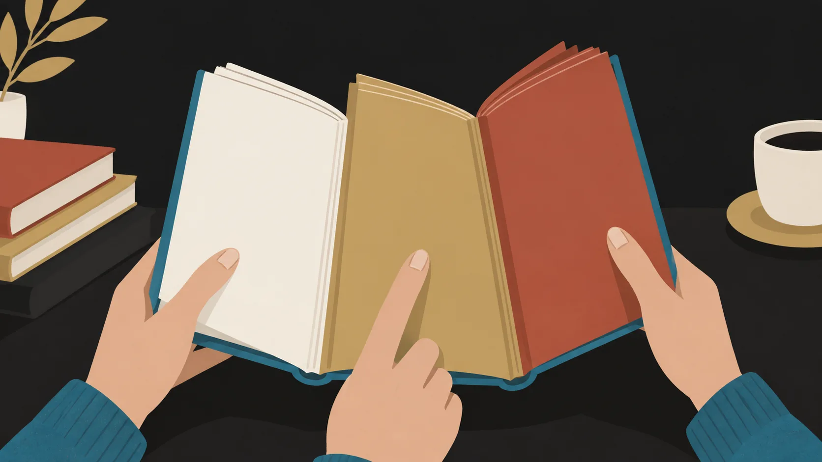 An open book with three distinct structural sections marked, representing common three-act plot structures for novels.