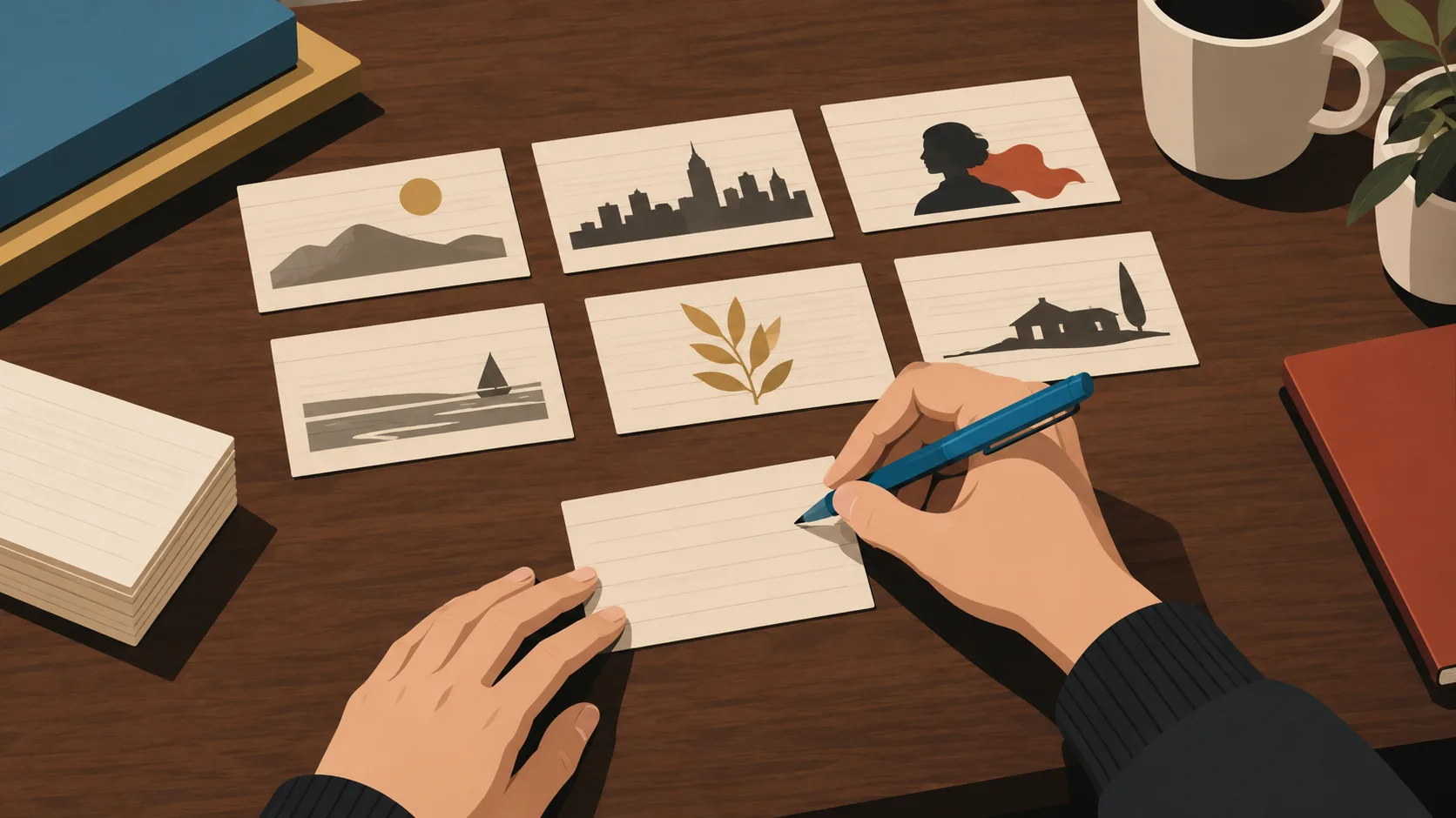 A writer's hand writing scene notes on index cards arranged in order, showing the scene-mapping process for novel structure.