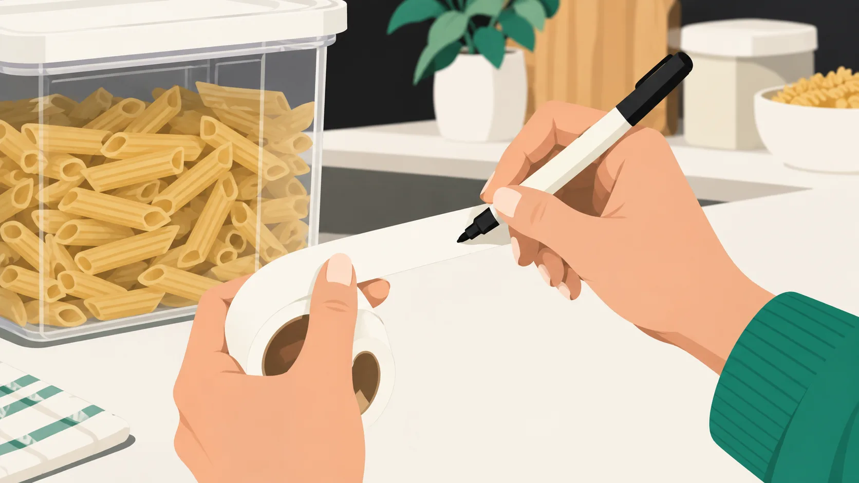 Hand writing a category label with marker and tape for a pantry organization bin filled with pasta and grains.