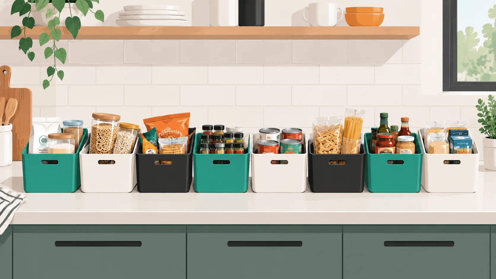 Eight labeled organization bins for pantry categories including baking, grains, snacks, and canned goods