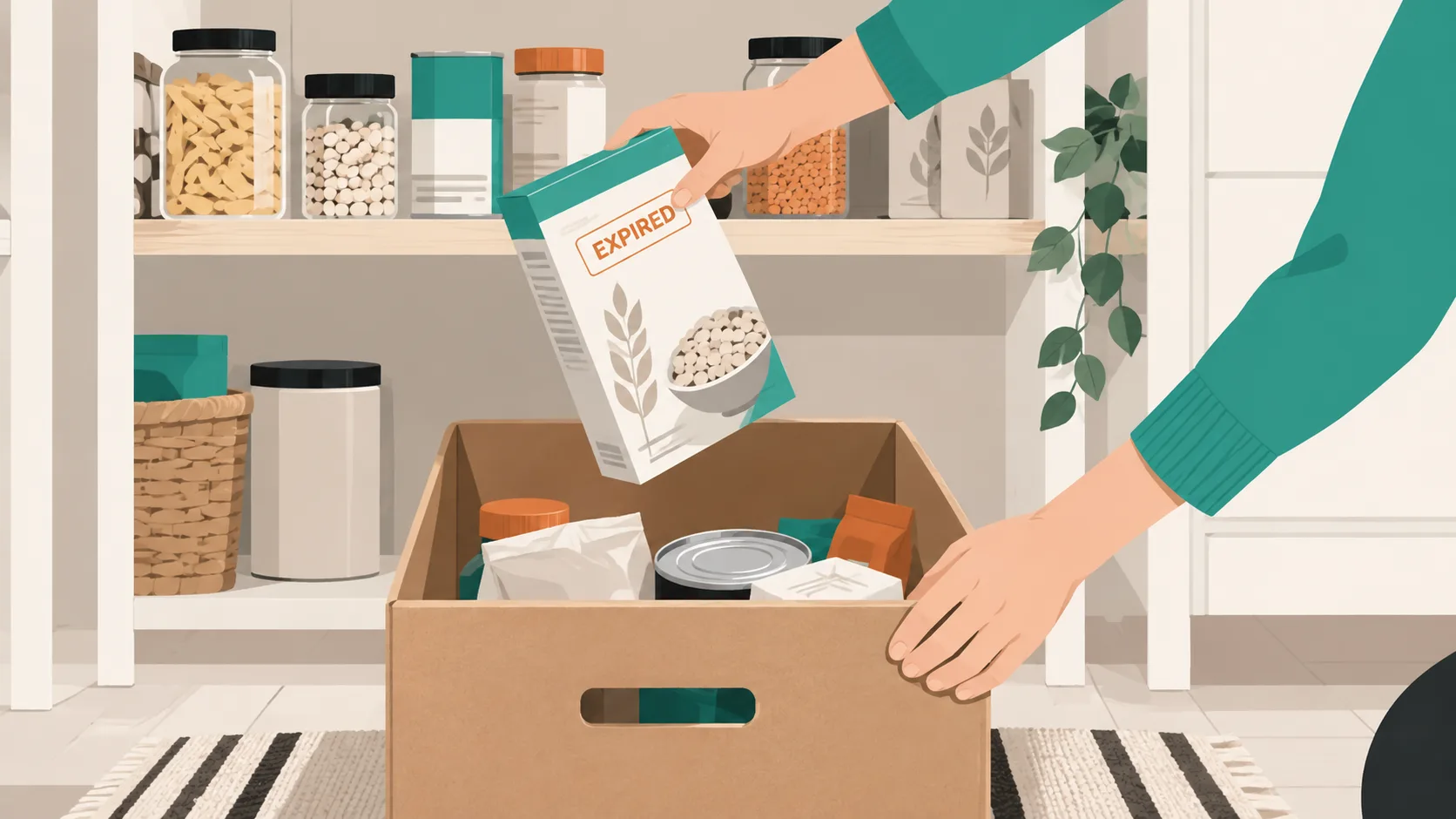 Hands removing an expired food item from a pantry shelf and placing it into a donation box during the decluttering stage.