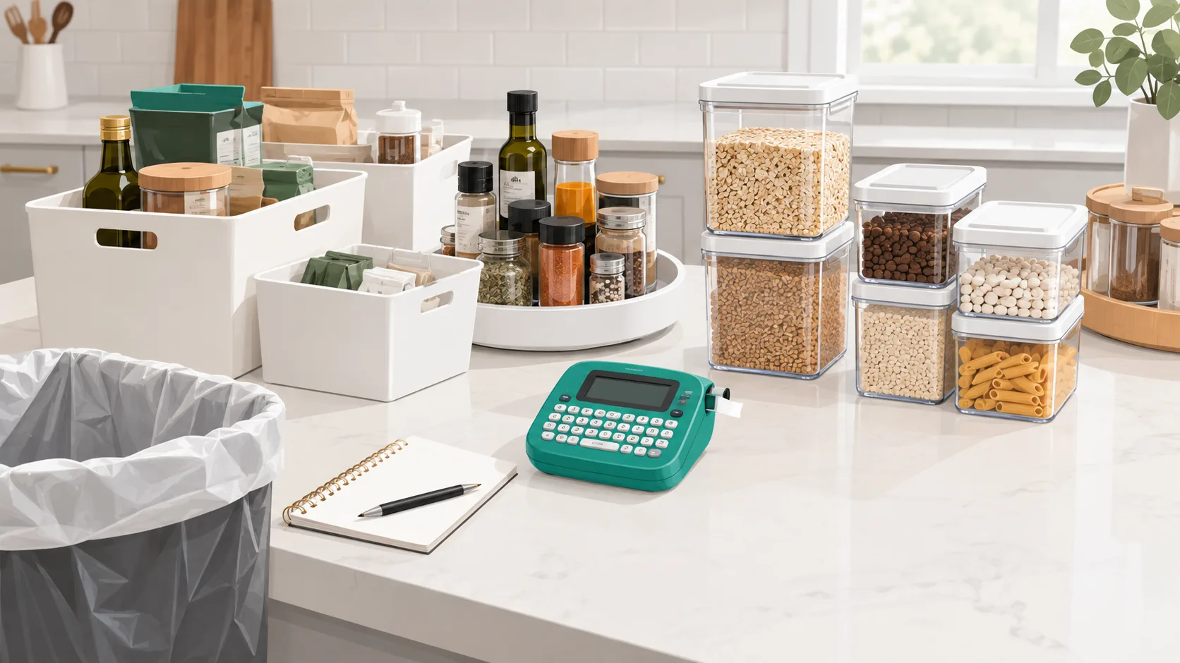 Pantry organization supplies on a kitchen counter: bins, canisters, turntables, and a label maker