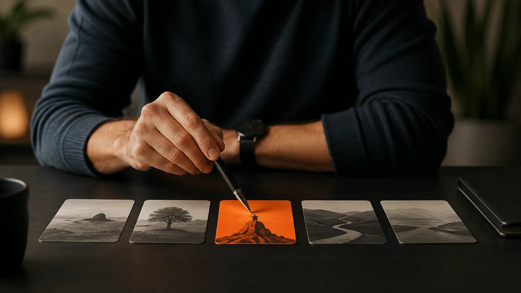 Beginner selecting one passive income path from multiple options displayed on a desk.
