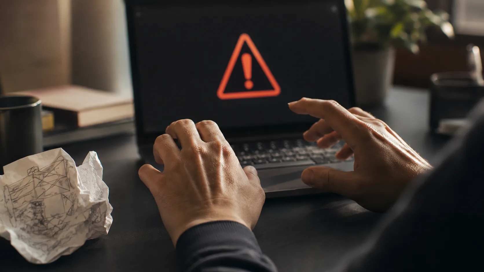 A developer or content creator pausing before a critical choice, symbolizing common beginner mistakes in passive income.